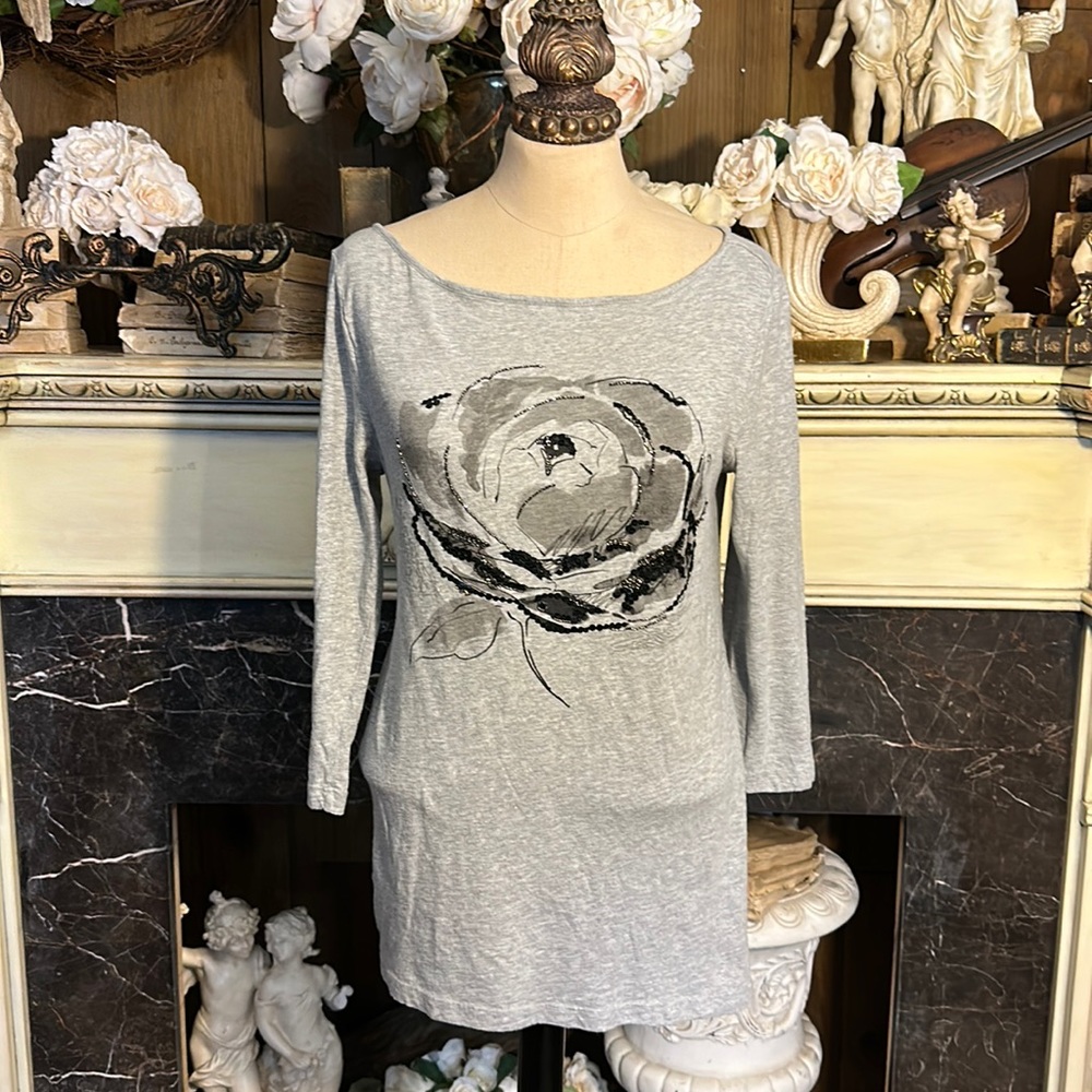 SALE!!!!   LOFT gray rose graphic tee shirt with sequins. 3/4th length sleeves